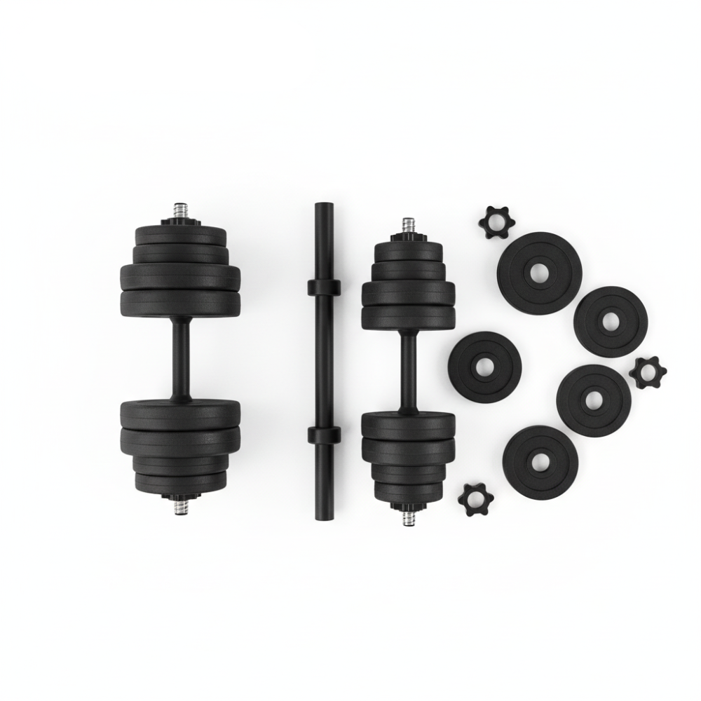 Set d'haltères réglables 30 kg Hardset avec barre incluse sur fond blanc