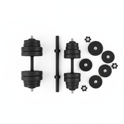 Set d'haltères réglables 30 kg Hardset avec barre incluse sur fond blanc