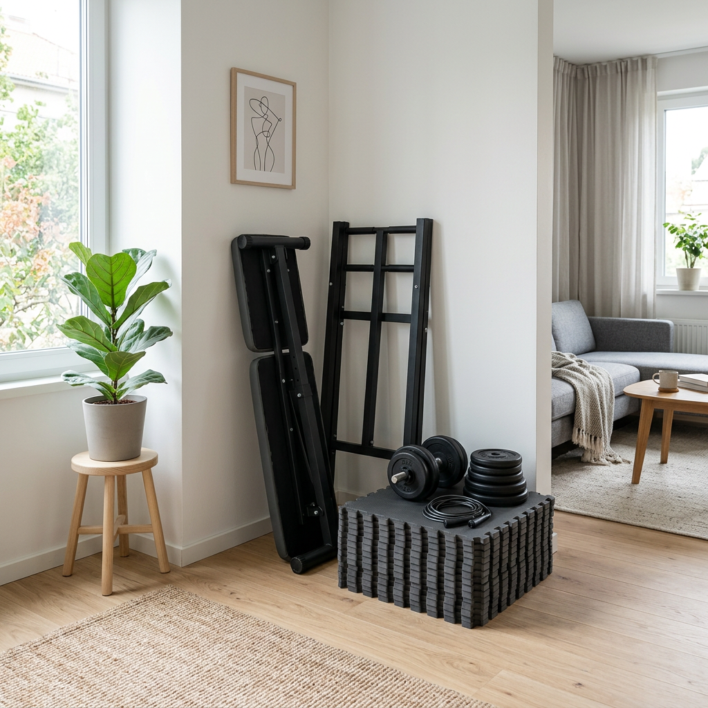 Setup home gym complet Hardset dans un appartement moderne — banc, haltères, traction, tapis, corde