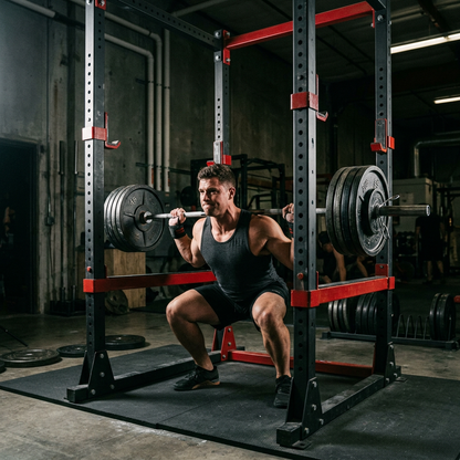 Entraînement squat en sécurité avec la cage de squat Hardset