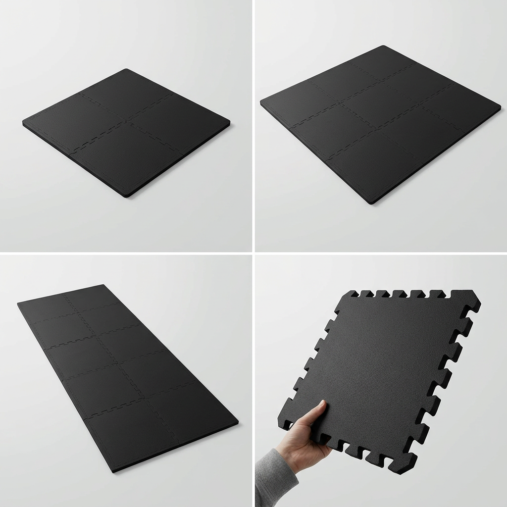 Ensemble des 16 dalles du tapis puzzle Hardset assemblées et séparées