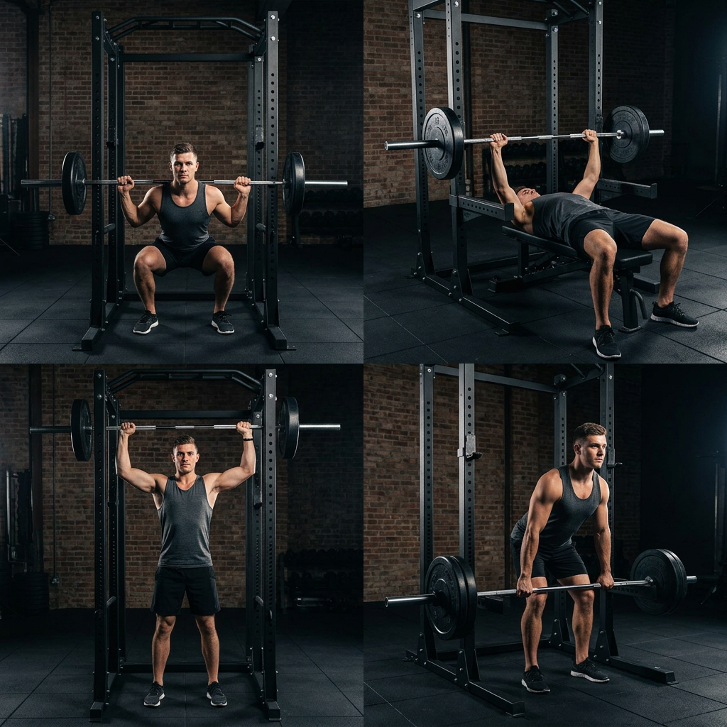 Cage de squat Hardset — 4 vues : face, profil, barres de sécurité, accroche barre