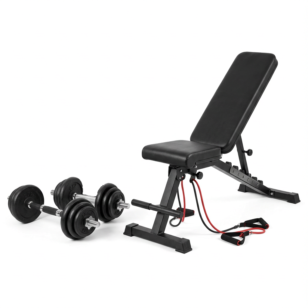 Pack Force Hardset — banc de musculation pliable et set haltères réglables 30 kg sur fond blanc