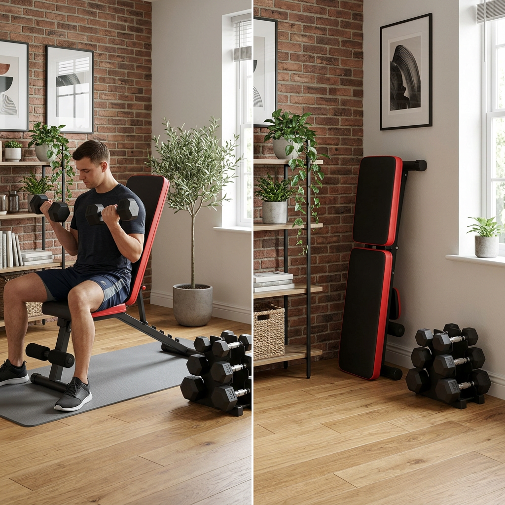 Pack Force Hardset — banc de musculation à gauche, set haltères à droite