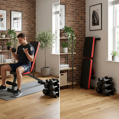 Pack Force Hardset — banc de musculation à gauche, set haltères à droite