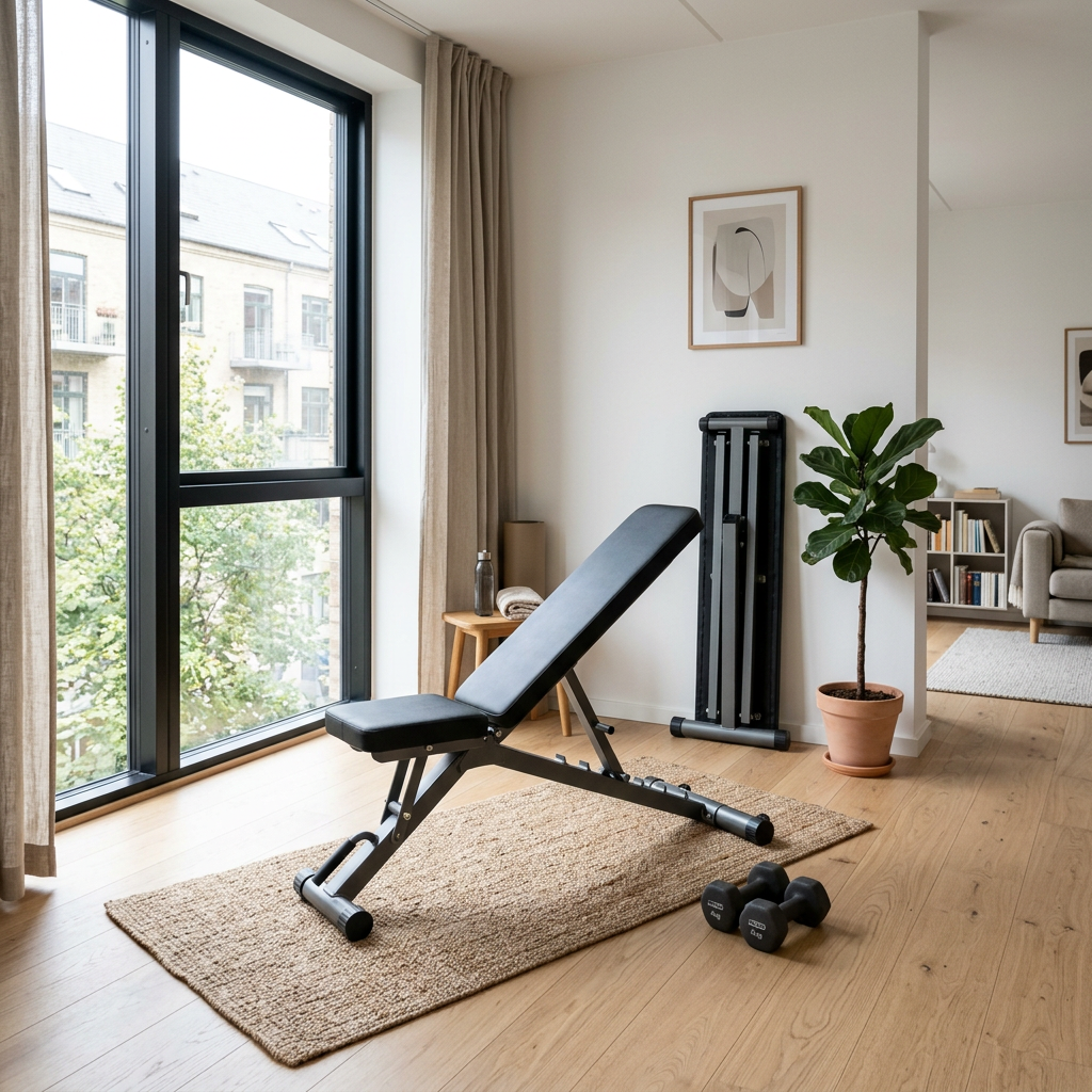 Banc de musculation Hardset intégré dans un espace home gym moderne