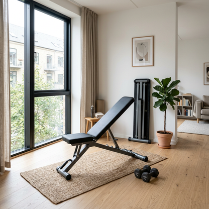 Banc de musculation Hardset intégré dans un espace home gym moderne