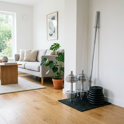 Set d'haltères réglables Hardset 30 kg dans un espace home gym