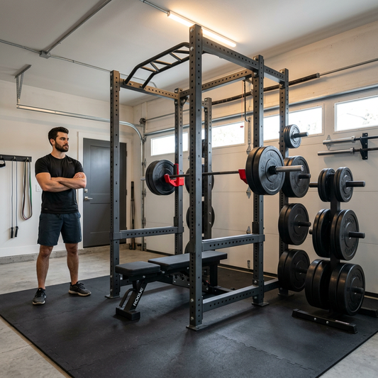 Cage de squat Hardset installée dans un home gym — vue d'ensemble